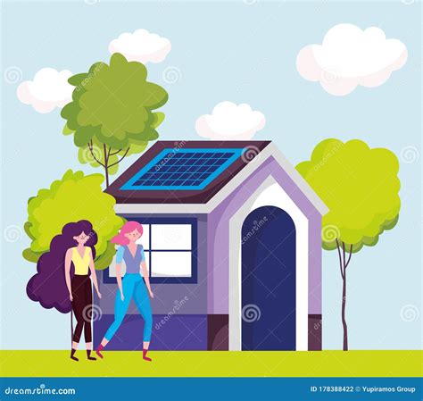 Eco Friendly, Women Eco House with Solar Panel Energy Sustainable Stock