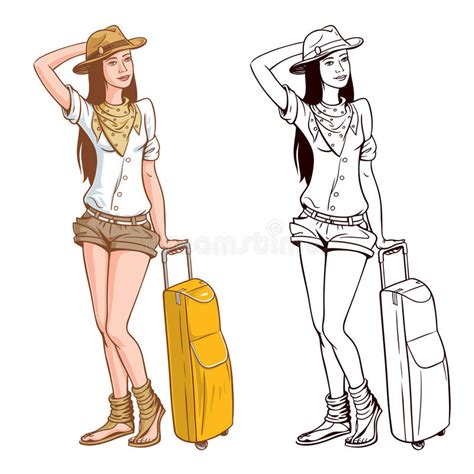 Tourist Woman Traveler With Bottle Of Soda Water Cute Cartoon Character Stock Vector