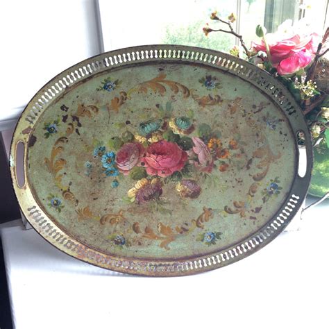 Rare Antique French Serving Tray Oval Hand Painted Toleware W