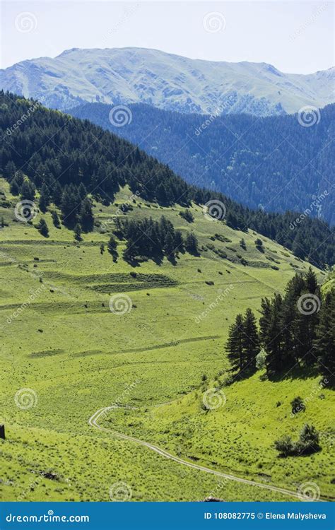 The Road Between The Mountains Bright Green Grass Upland Slopes Stock