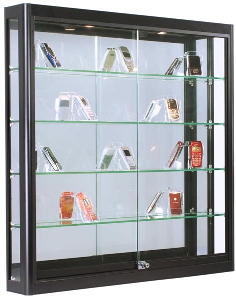 39 X 39 Wall Mounted Display Case W Mirror Back And 2 Top Led Lights Locking Black Glass