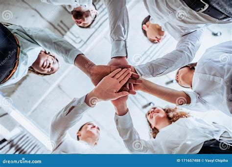 Underneath View Business Teamwork Groups People Hands Stacked Huddle