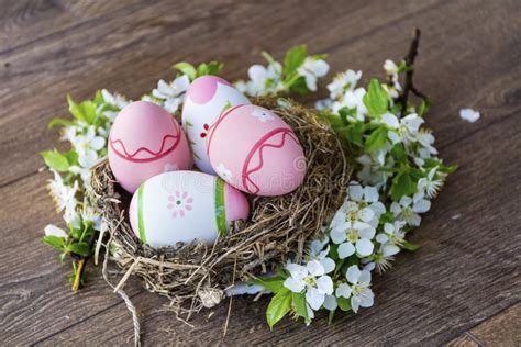 Pink Easter Eggs In Real Nest With Cherry Blossoms On A Wooden