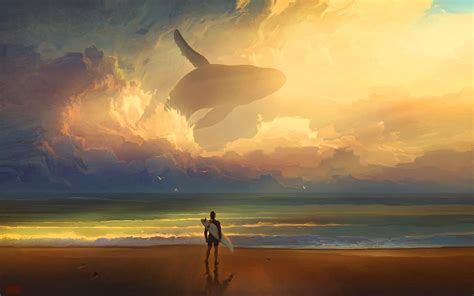 Whale Beach Shore Person Surfer Surf Ocean Drawing Hd Wallpaper