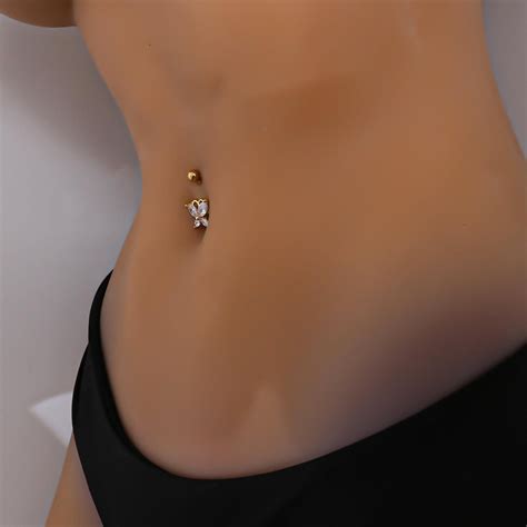 Surgical Stainless Steel Gold Tone Crystal Butterfly Navel Ring Belly