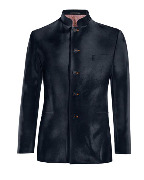 Navy Blue Velvet Collarless Slim Fit Suit Jacket With Customized Threads