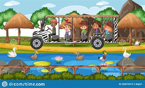 Safari Scene With Kids On Tourist Car Watching Duck Group Stock Vector