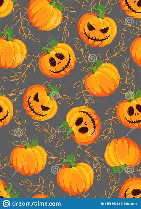 Halloween Pumpkin Seamless Pattern On Gray Background With