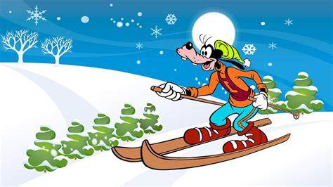 Walt Disney Cartoon Goofy Skiing Path Winter Mountain Snow