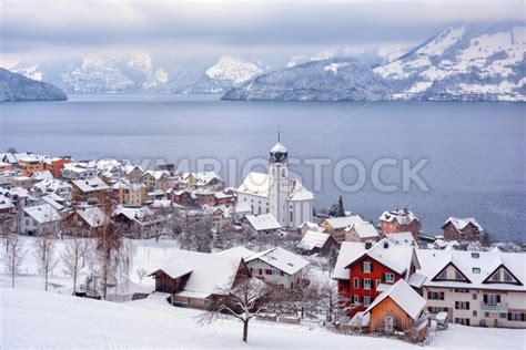 Beckenried Village On Lake Lucerne Swiss Alps Mountains Switzerland
