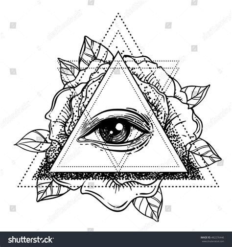 All Seeing Eye Pyramid Symbol With Rose Flower Sacred Geometry Tattoo