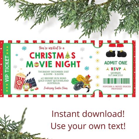 Christmas Movie Night Ticket To Edit Download And Print Etsy