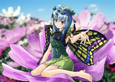 Safebooru 1girl Absurdres Antennae Aqua Hair Barefoot Blush Butterfly Wings Closed Mouth Day
