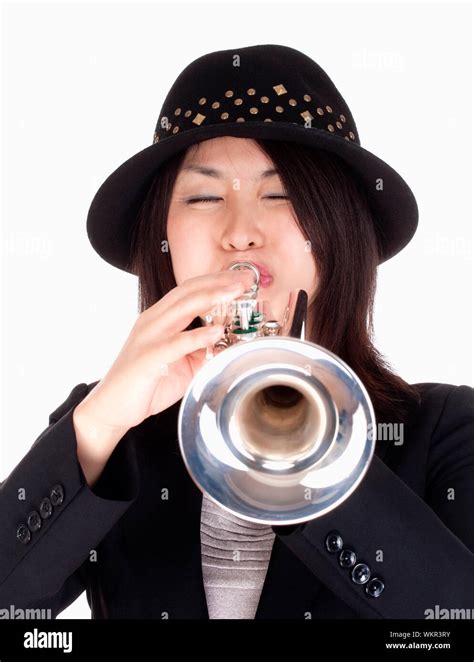 Portrait Of A Female Trumpet Player Isolated On White Stock Photo Alamy