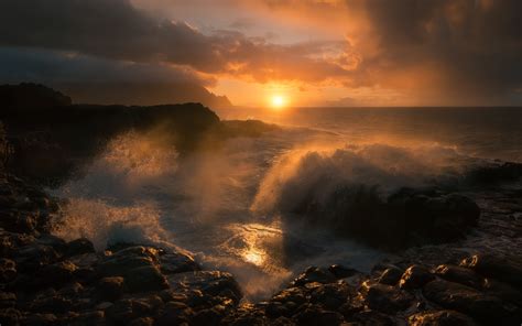Coast Beautiful Dawn Sunrise Sea Waves Wallpaper Nature And