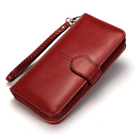 Genuine Leather Trifold Womens Zipper Wallet With Wristband