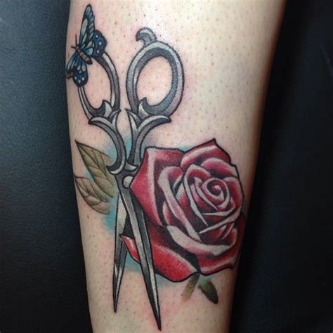 Butterfly On Grey Scissor With Red Rose Tattoo Design Scissors Tattoo