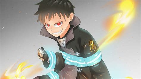 Fire Force Shinra Kusakabe On Fire With Gray Background Hd
