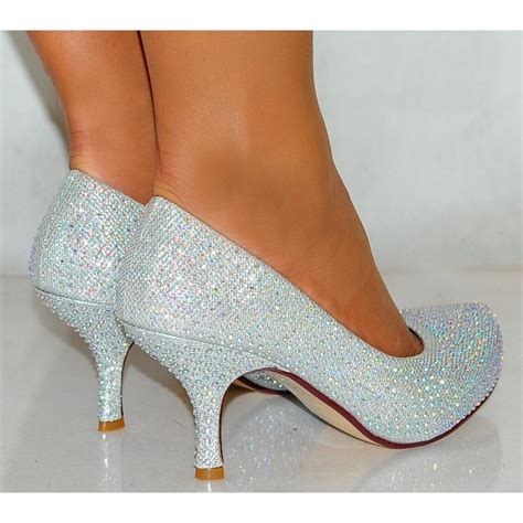 Ladies Womens Silver Glitter Diamante Bridesmaids Bridal Court Shoes Mid Kitten Heel High Heels