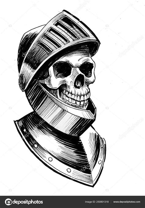 Skeleton Medieval Knight Armor Ink Black White Drawing