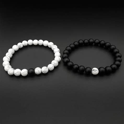1 2pcs Set Couples Distance Bracelet Classic Natural Stone White And Black Yin Yang Beaded