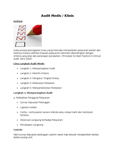 Usia maks 30 tahun (lebih diutamakan pria); Audit Medis (Contoh)