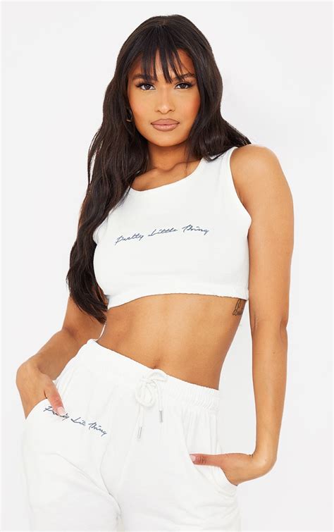 Plt Cream Cropped Embroidered Vest Top Prettylittlething