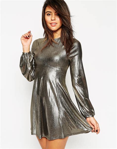 Lyst Asos Dress In Metallic With Blouson Sleeve In Metallic