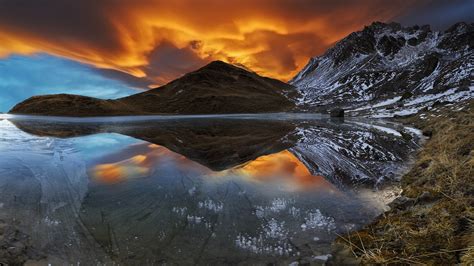 2500x1405 Nature Landscape Lake Mountain Snow Sunset Sky Clouds