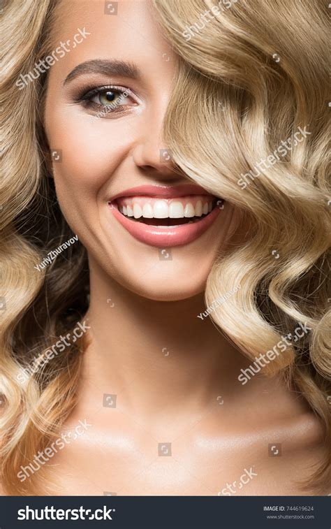 Blonde Woman Curly Beautiful Hair Smiling Stock Photo 744619624