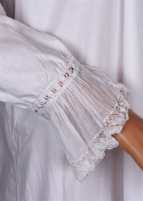 Antique Victorian Nightgown 19th C White Cotton Eyelet And Lace