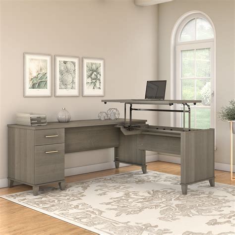 72w 3 Position Sit To Stand L Shaped Desk In Ash Gray By Bush