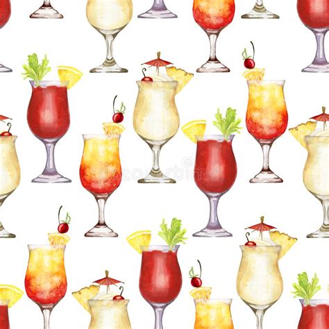 Hand Drawn Watercolor Red And Yellow Cocktail Seamless Pattern On White Stock Illustration