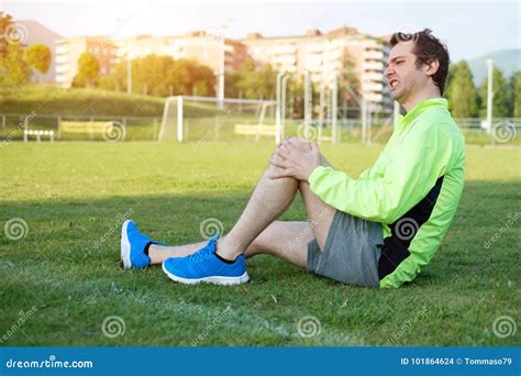 Running Athlete Feeling Pain Because Of Injured Leg Stock Photo Image