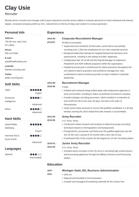 Our sample, writing tips, and free resume template download are all you need to launch your job hunt. recruiter resume example template simple in 2020 ...