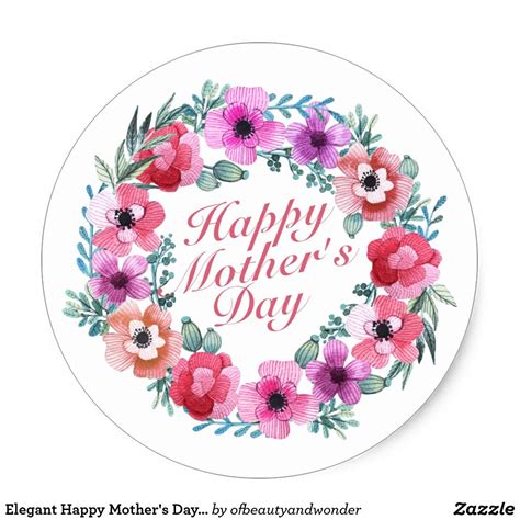 Elegant Happy Mothers Day Floral Wreath Sticker Happy
