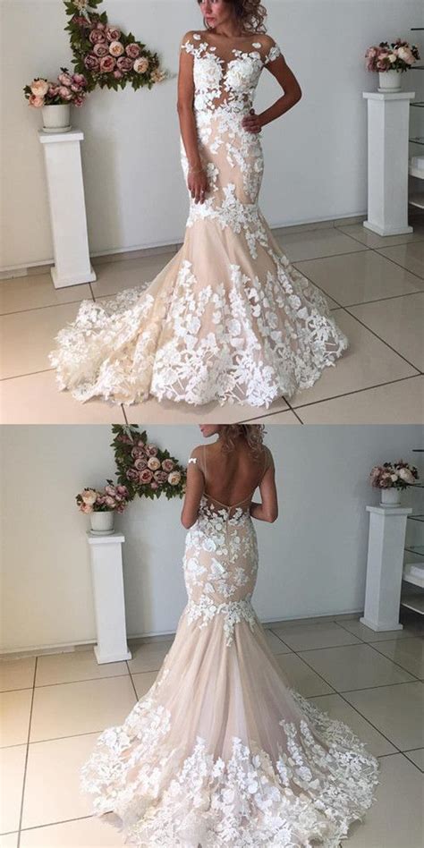 Blush pleated mermaid wedding dresses with crystals beaded sash sweetheart neck lace up back tiered sweep train organza bridal piece. Elegant Champagne Mermaid Backless Wedding Dresses With ...