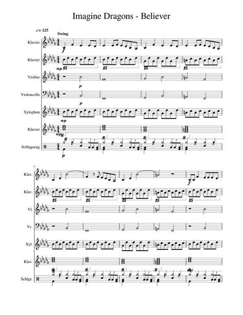 Imagine Dragons Believer Sheet Music For Piano Violin Drum Group