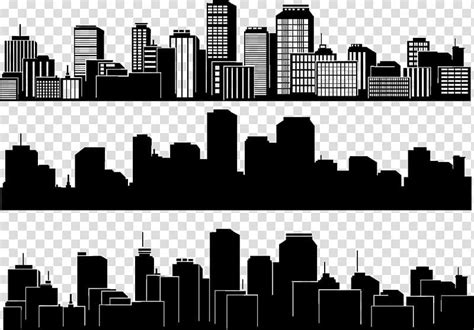 Three Black And White City Silhouettes On Transparent Background With
