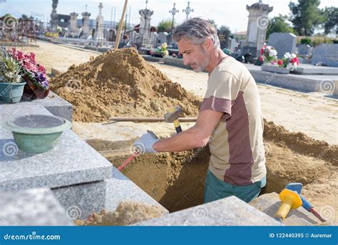Caucasian Man Digging Grave At Cemetery Stock Image Image Of Hill