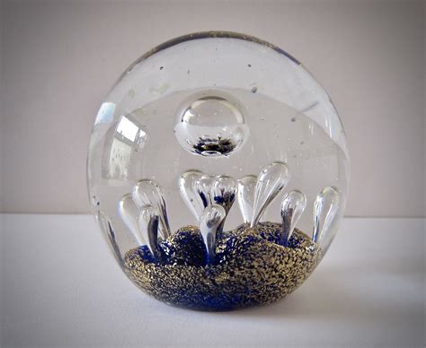 Vintage Hand Blown Glass Spherical Paperweight Blue And Gold Etsy