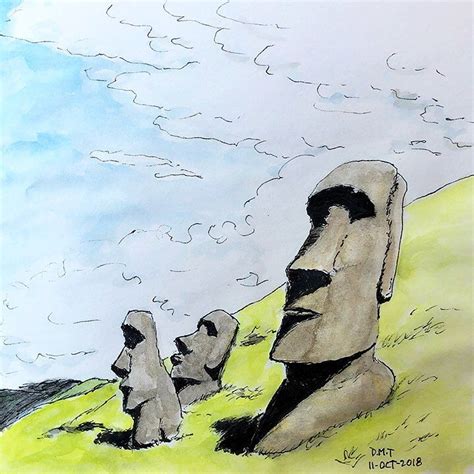 Easter Island Heads Pen And Watercolor Drawing For Day Eleven Of