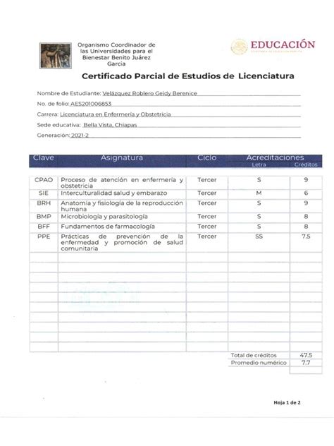 Certificado Parcial De Estudios De Licenciatura 2021 2 Pdf