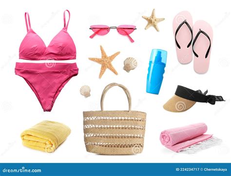Set With Different Beach Accessories On White Background Stock Image