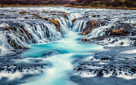 Bruarfoss Waterfall Turquoise Blue Water In Iceland Nature