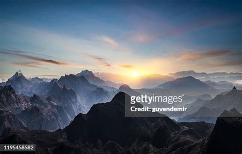 Aerial View Of Misty Mountains At Sunrise High Res Stock Photo Getty