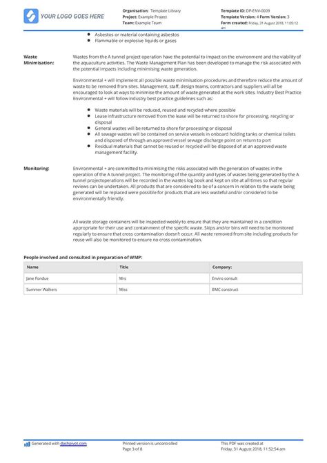 Hazardous Waste Management Plan Template Free And Editable Intended