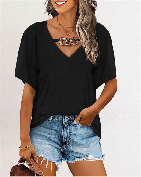 Chain Decor V Neck Batwing Sleeve Casual T Shirt
