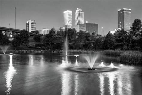 Tulsa Downtown Skyline Water Reflections Black And White Photograph