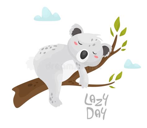 Lazy Day Cute Sleeping Baby Koala On A Branch Lettering Vector